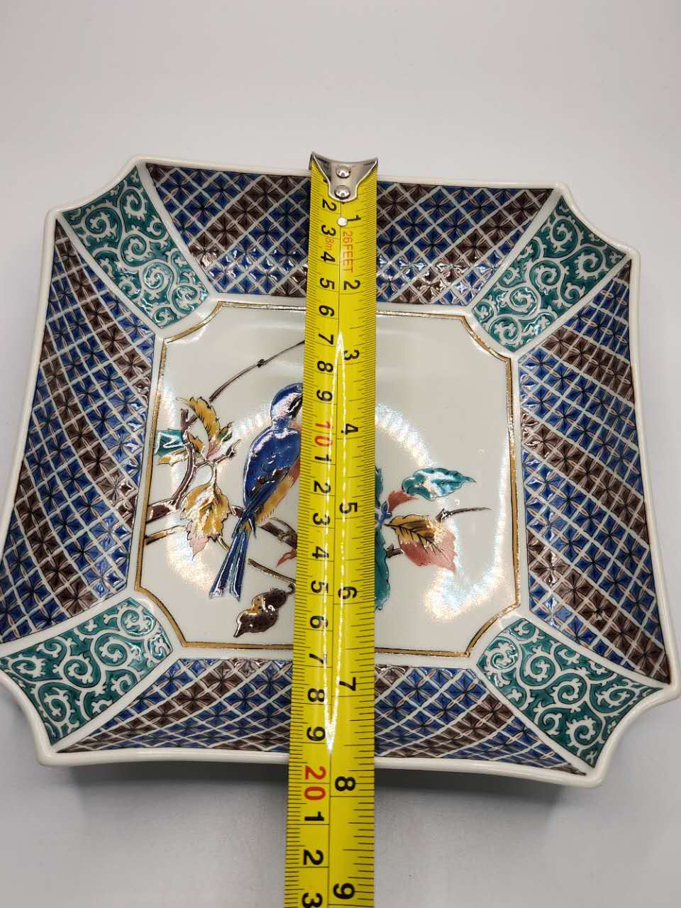 Japanese Hand-Painted Square Porcelain Plate with Bird Motif