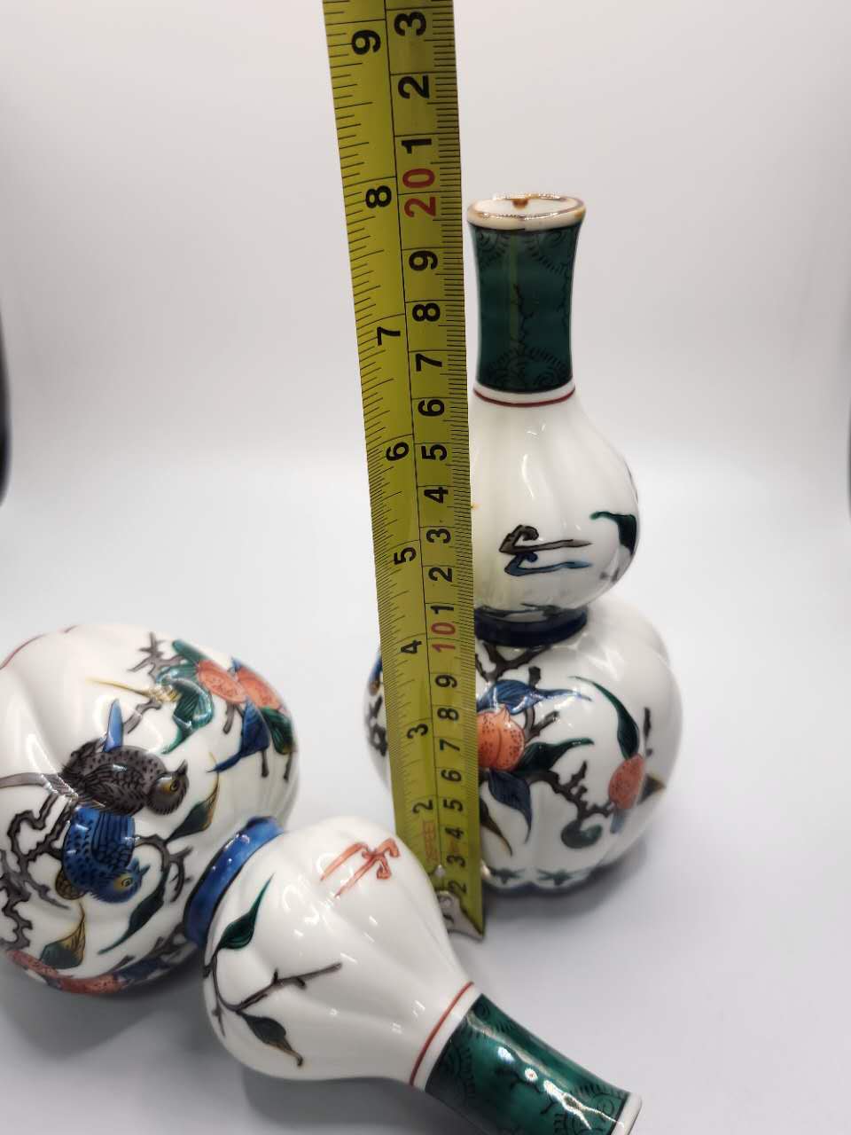 Hand-Painted Floral & Bird Double Gourd Porcelain Vases (Pair)