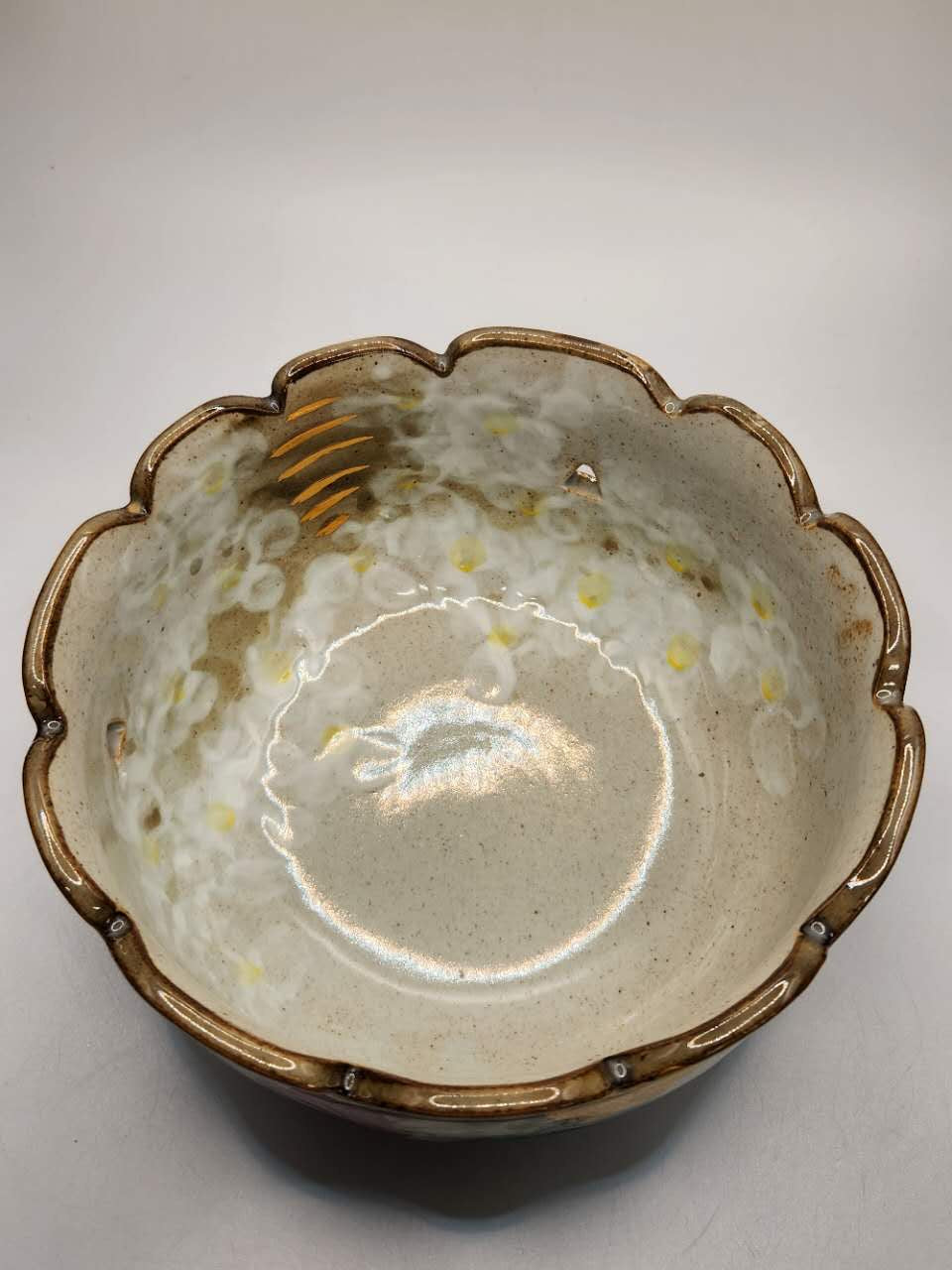 Hand-Painted Floral Scalloped Bowl with Gilded Rim