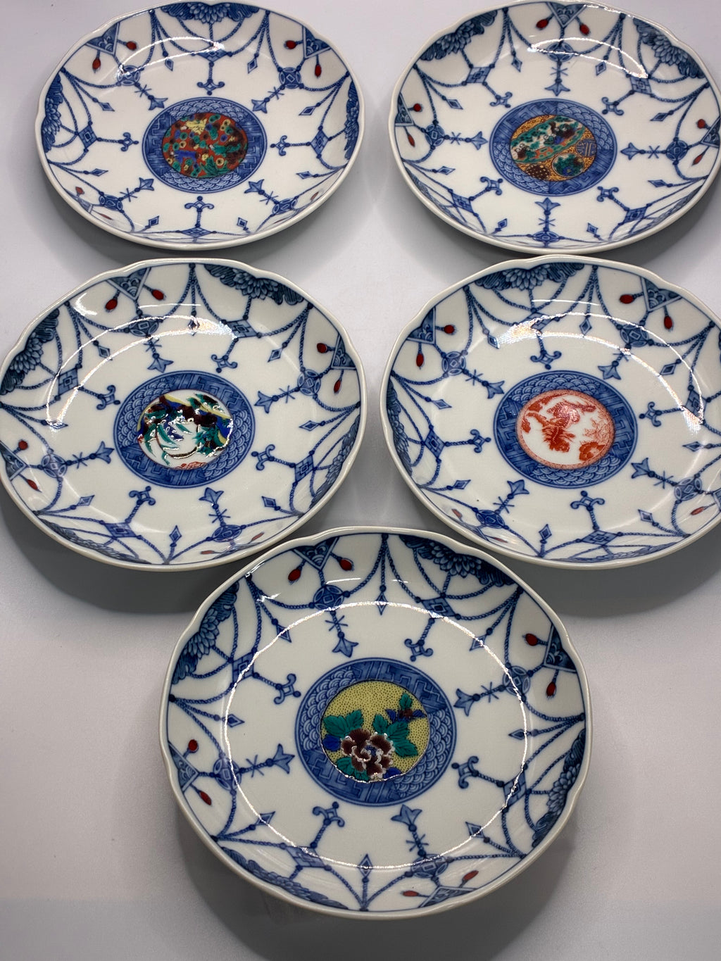 Japanese Mino Ware Small Plates – Set of 5 | Blue & White Porcelain with Box