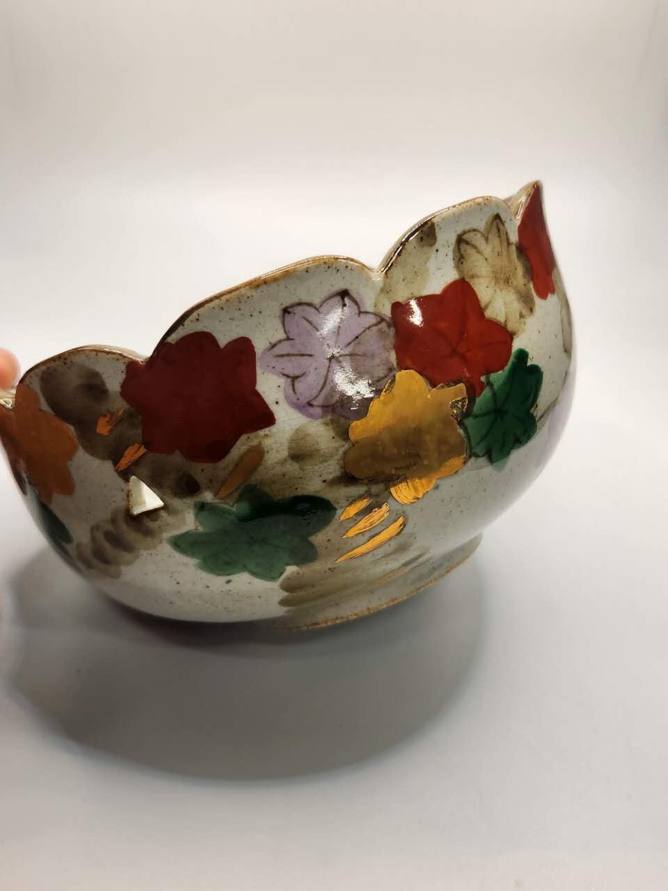 Hand-Painted Floral Scalloped Bowl with Gilded Rim