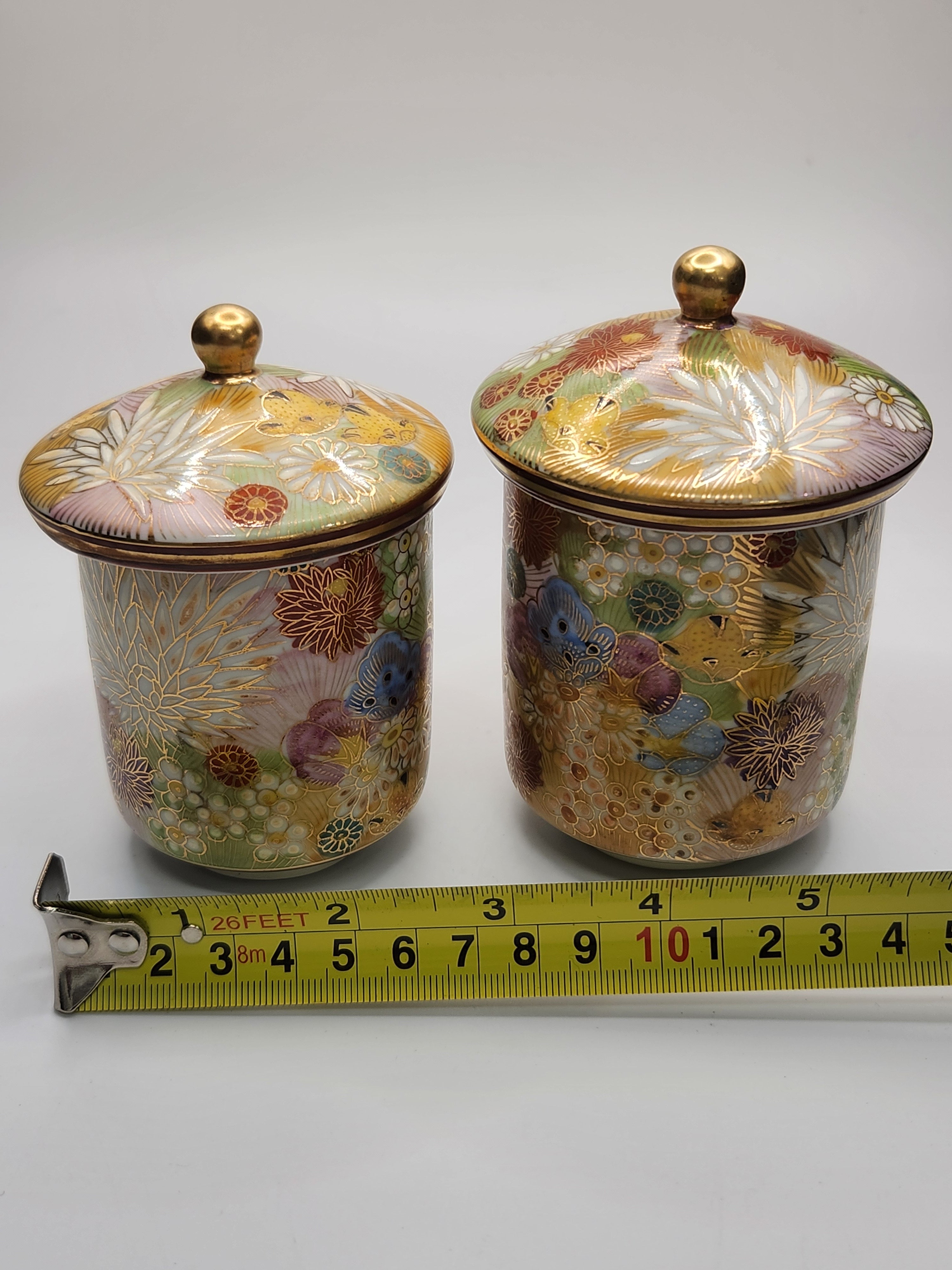 Kutani Ware Hand-Painted Gilded Lidded Tea Cup Pair