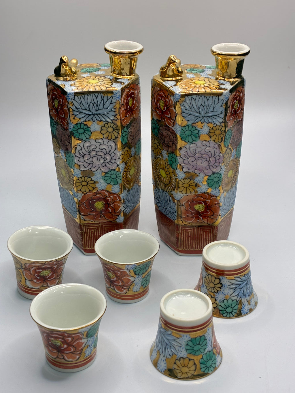 Kutani Ware Phoenix Singing Teapot Set | Hand-Painted “Hundred Flowers” Design | 2 Teapots & 5 Cups