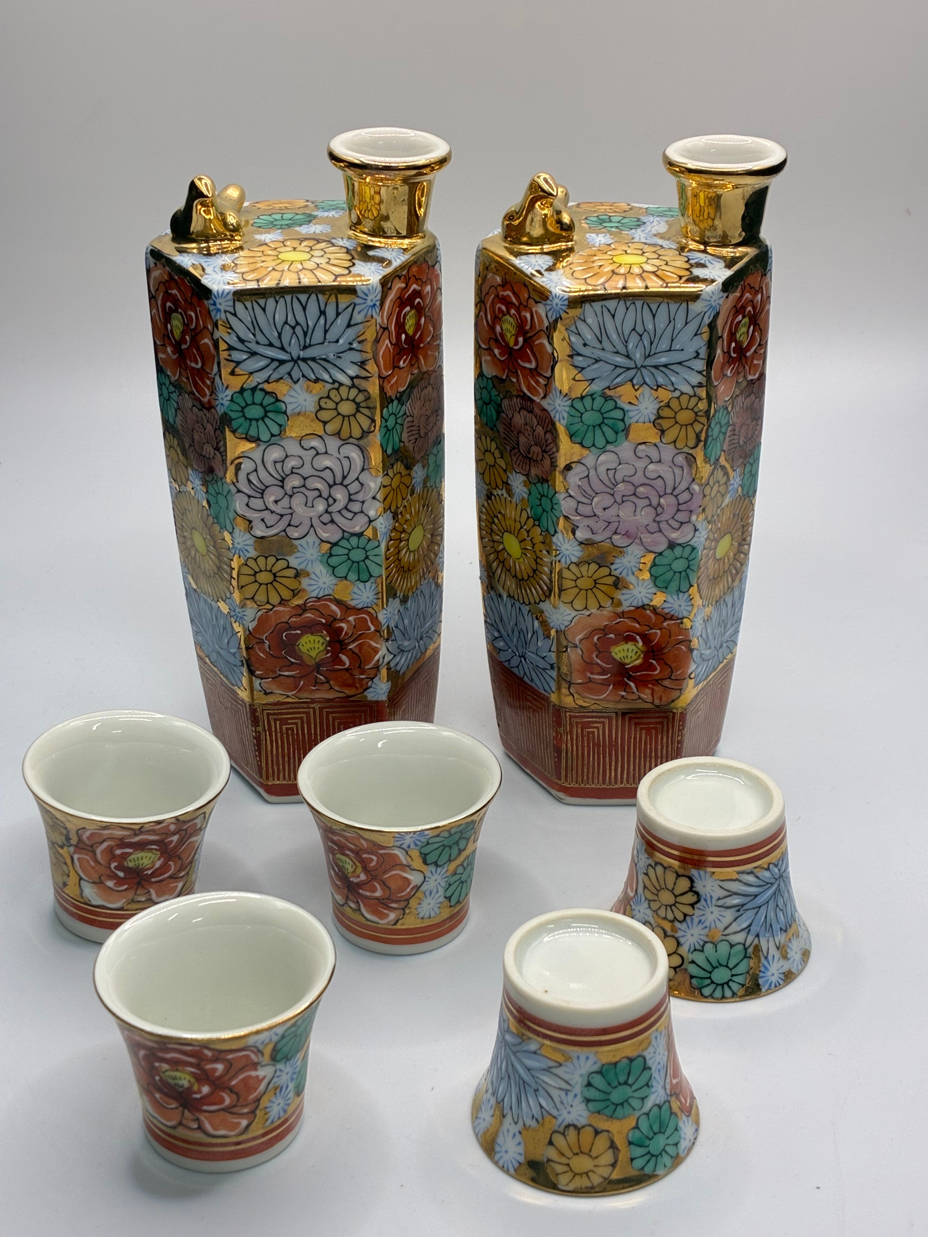 Kutani Ware Phoenix Singing Teapot Set | Hand-Painted “Hundred Flowers” Design | 2 Teapots & 5 Cups