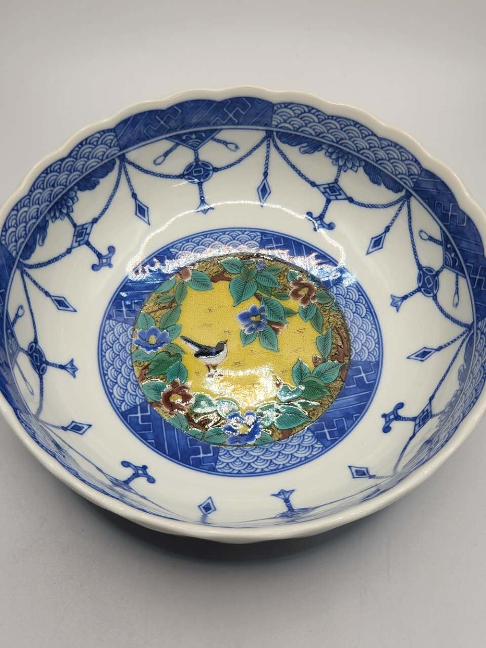 Japanese Blue & White Porcelain Bowl with Polychrome Medallion