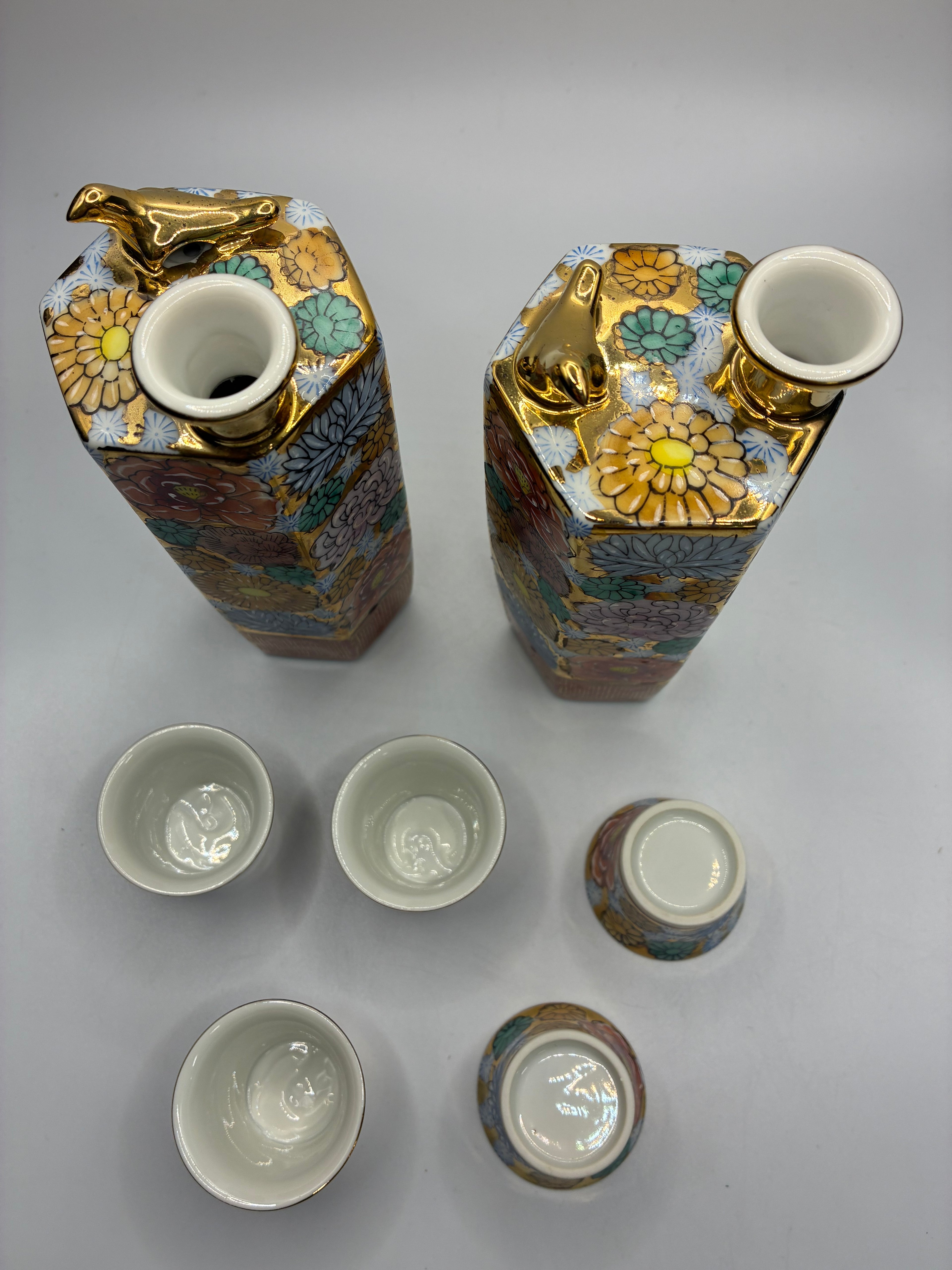 Kutani Ware Phoenix Singing Teapot Set | Hand-Painted “Hundred Flowers” Design | 2 Teapots & 5 Cups
