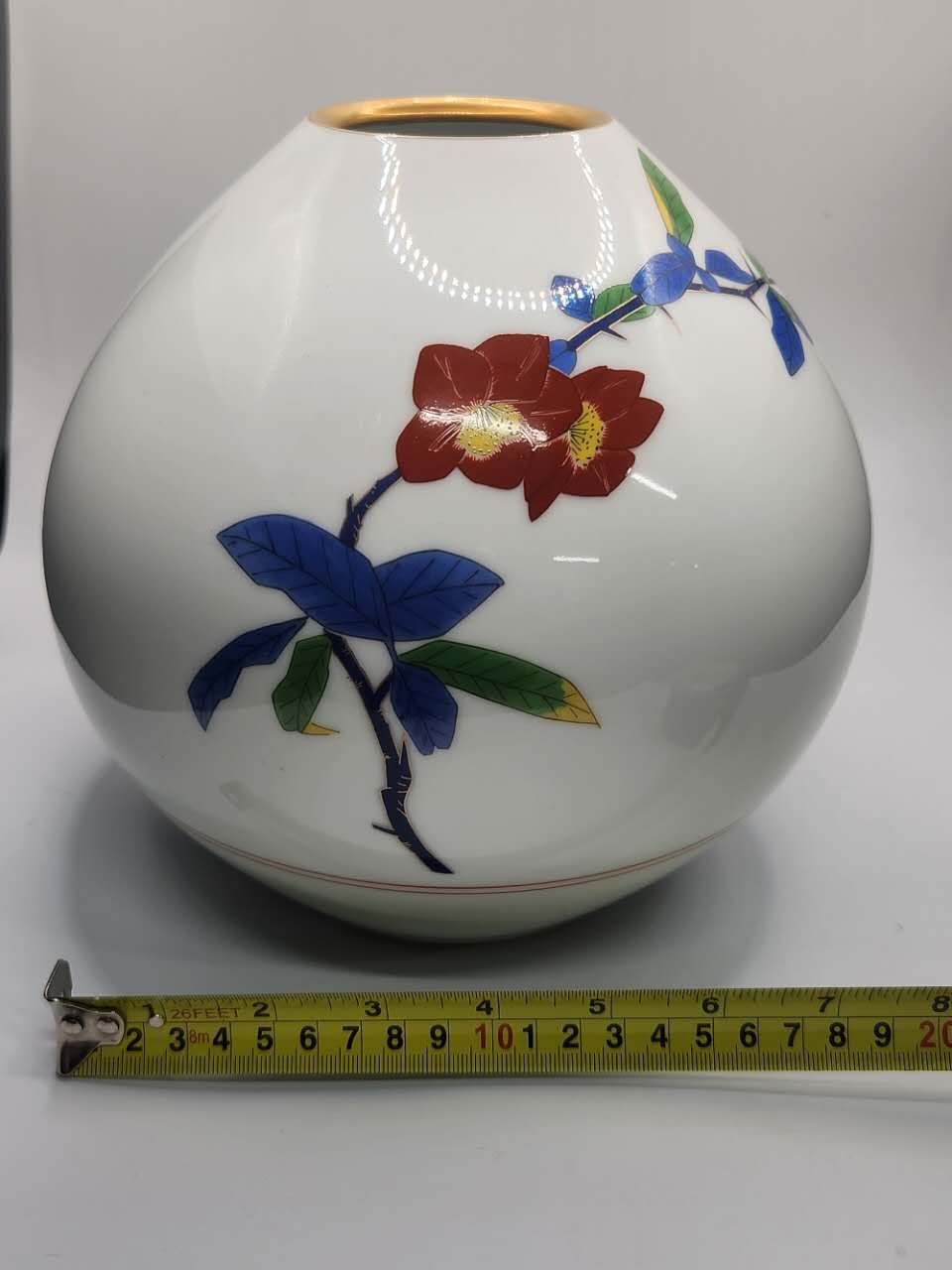 Hand-Painted Floral Porcelain Vase with Gilded Rim