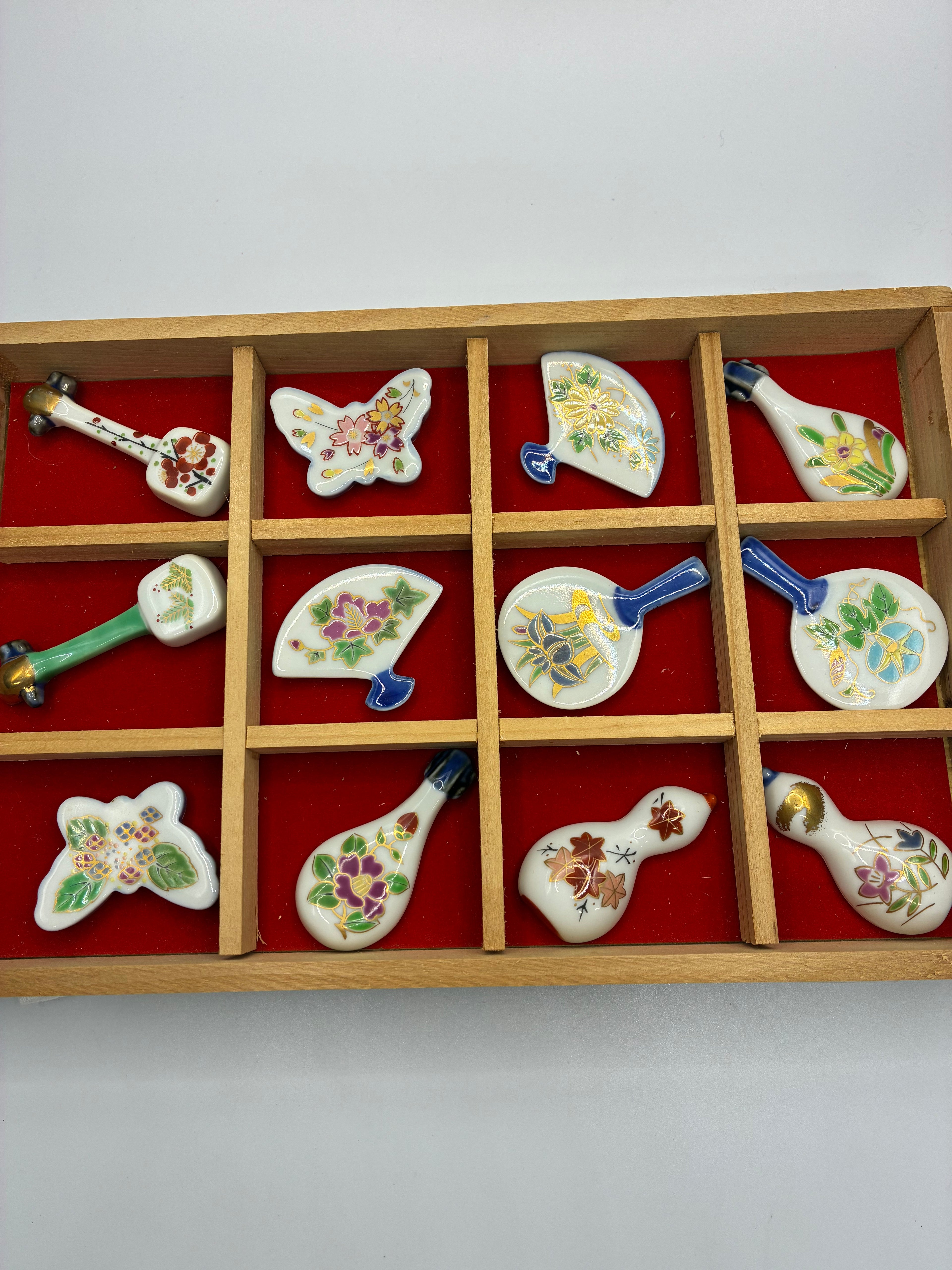 Kutani Ware Hand-Painted Chopstick Rest Set | 12 Pieces (Mixed Designs)