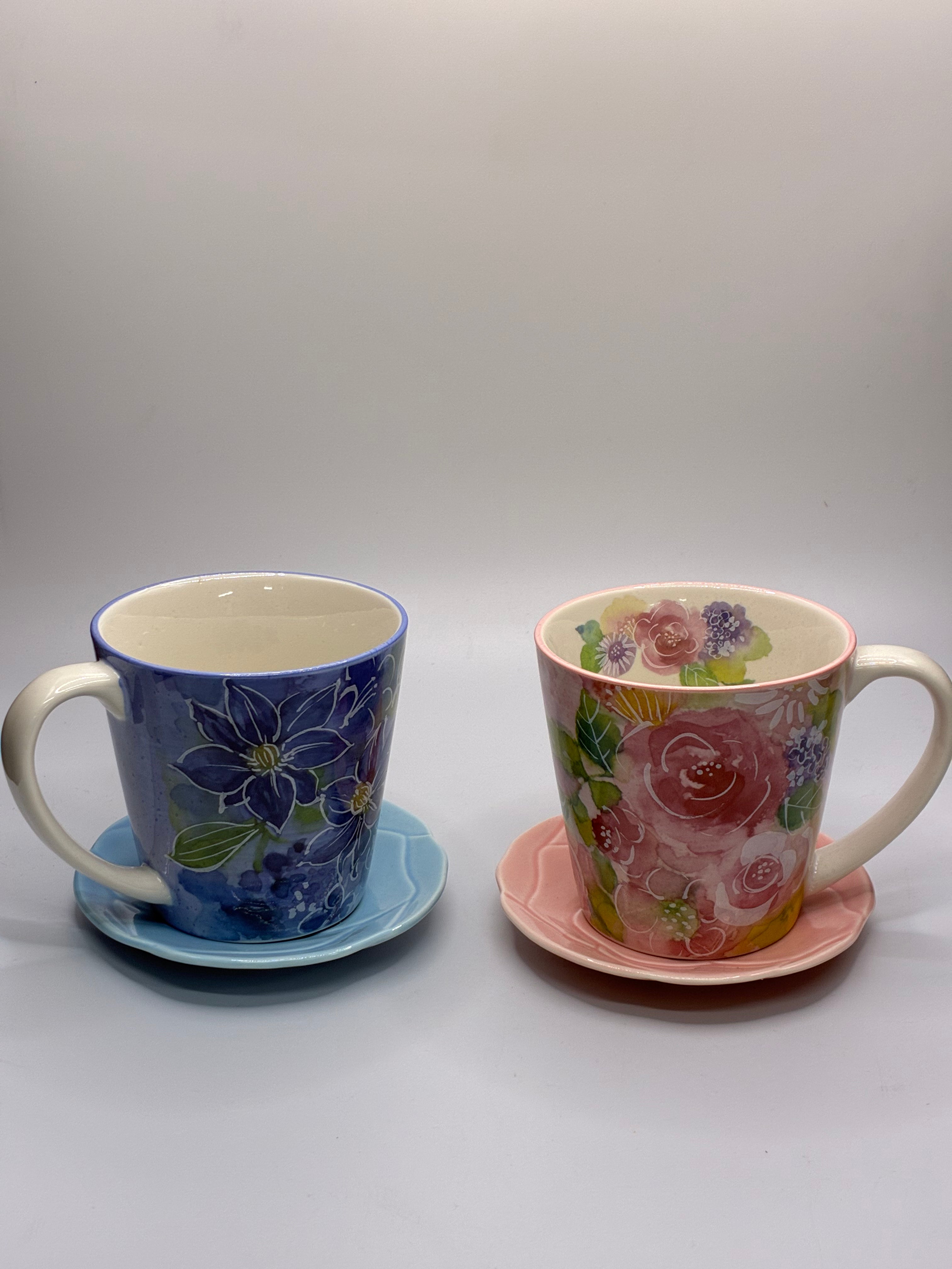Japanese Floral Mug & Saucer Set – Porcelain Coffee Cups, Set of 2 with Box