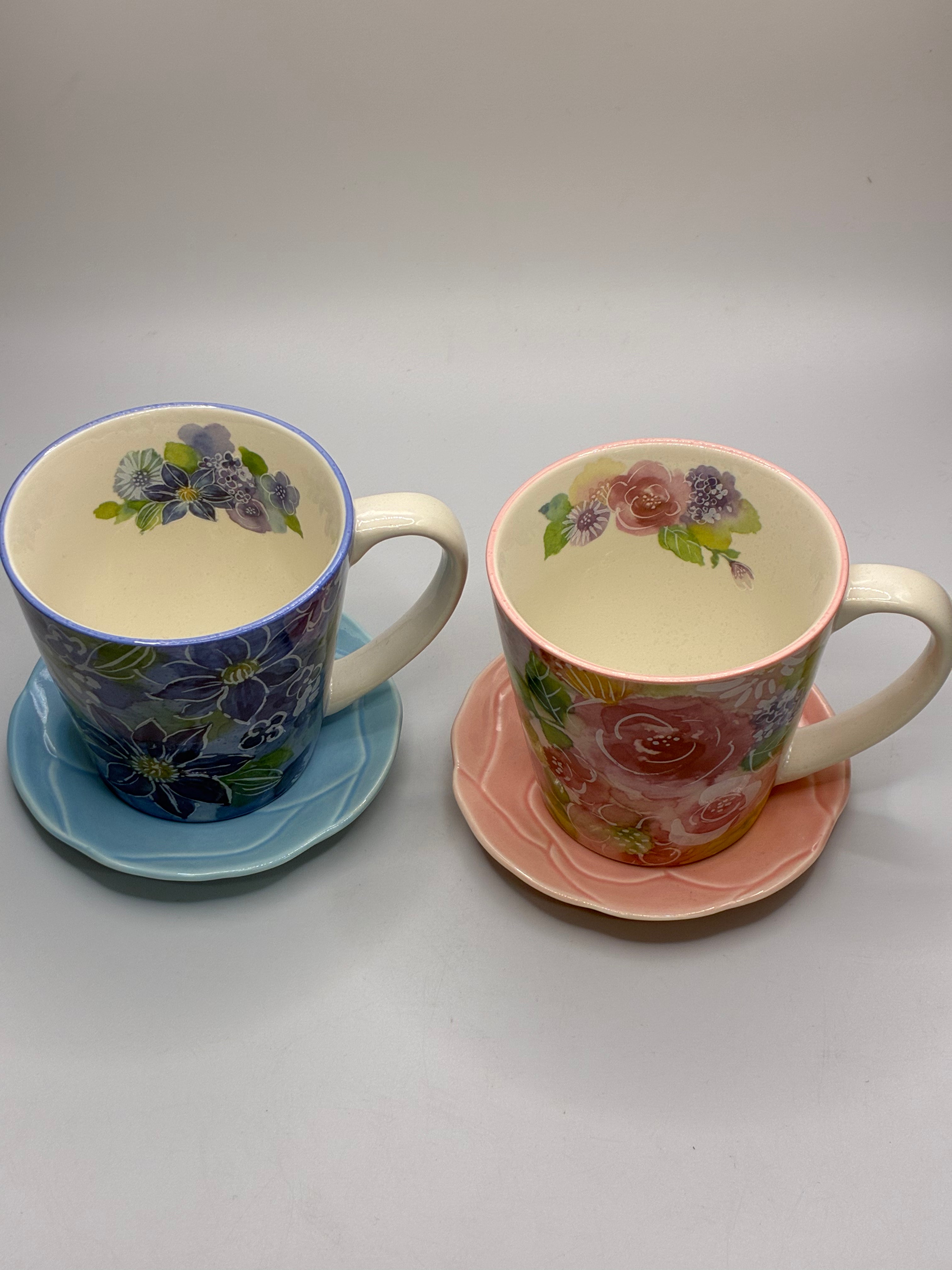 Japanese Floral Mug & Saucer Set – Porcelain Coffee Cups, Set of 2 with Box