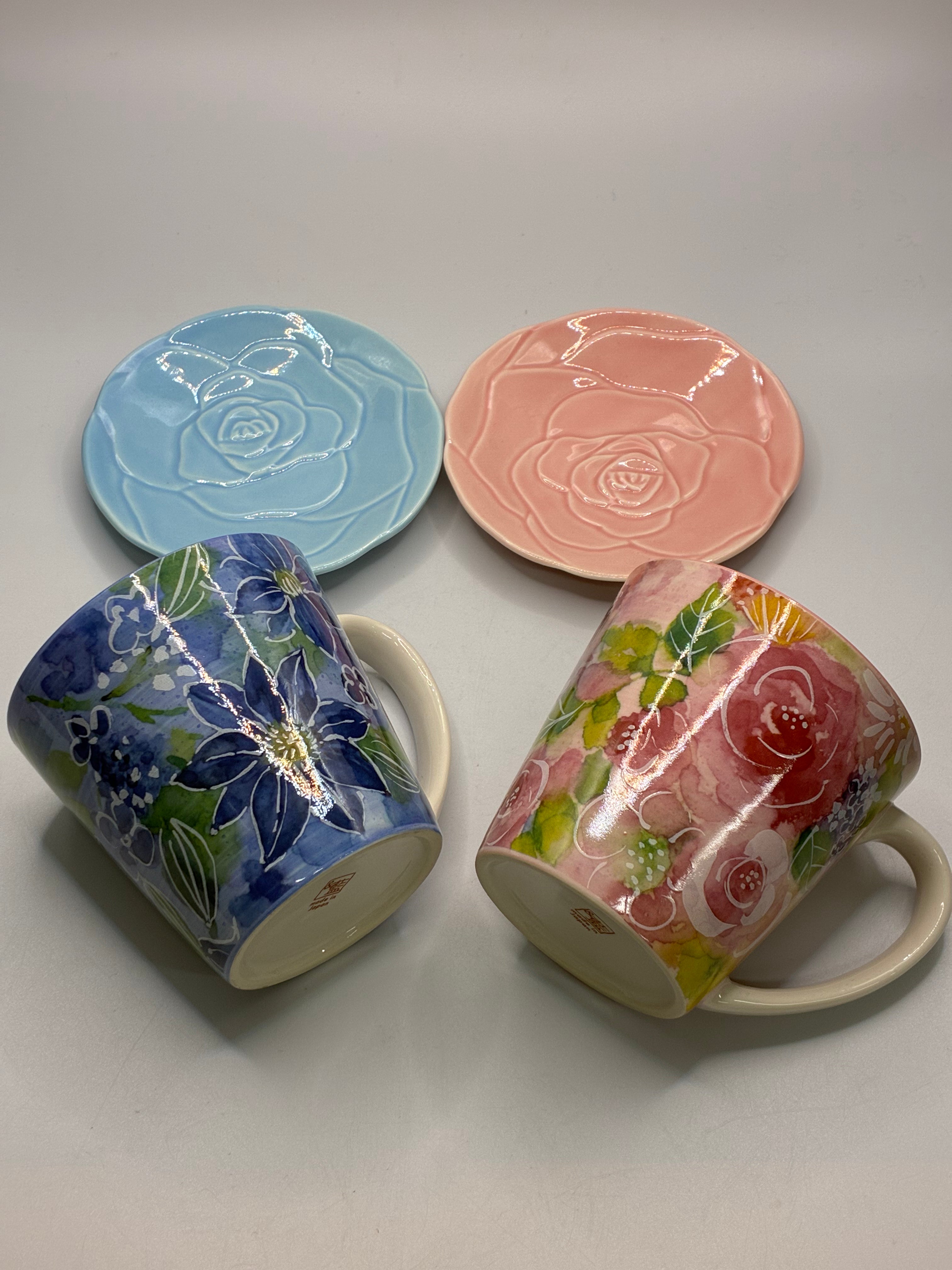 Japanese Floral Mug & Saucer Set – Porcelain Coffee Cups, Set of 2 with Box