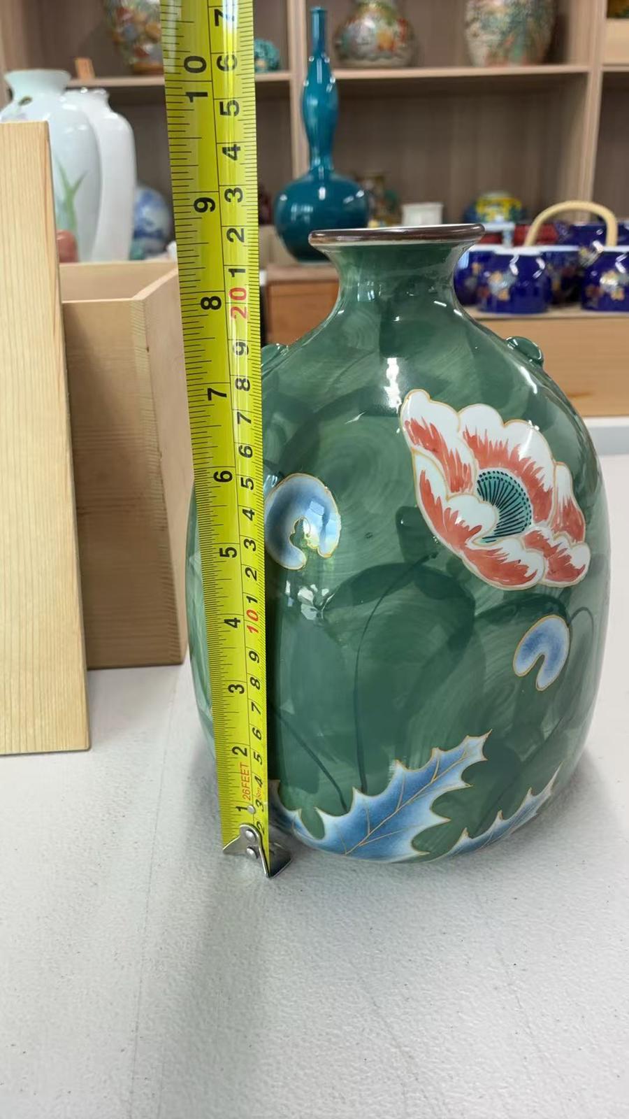 Japanese Hand-Painted Green Floral Porcelain Vase