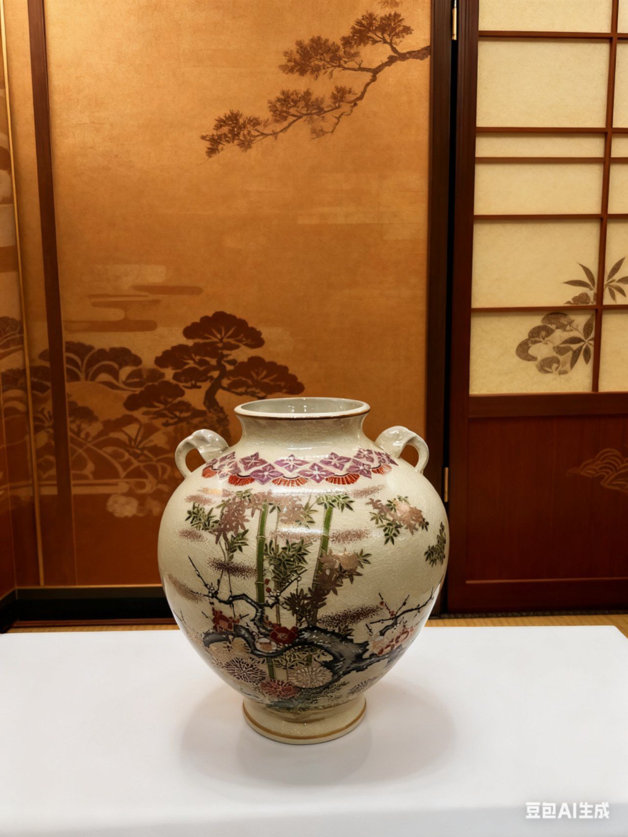 Japanese Vintage Hand-Painted Ceramic Vase – Large 32cm